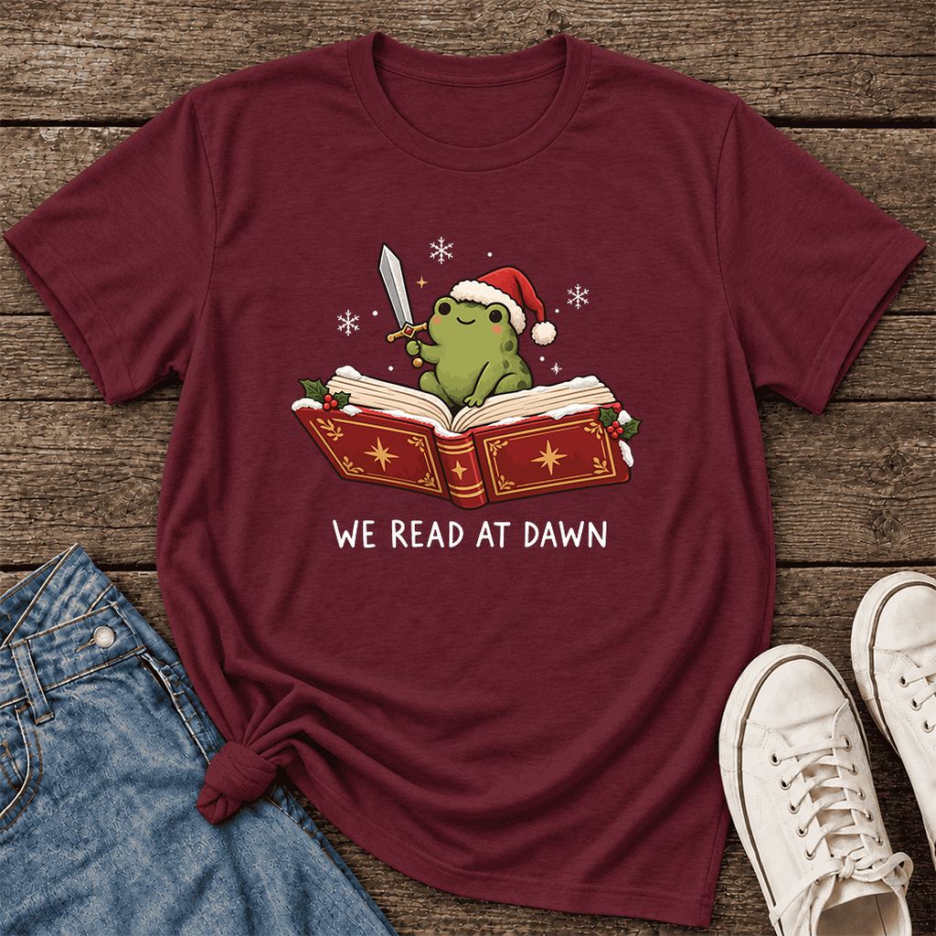 We Read At Dawn Frog Printed Ultra-Soft Cotton T-Shirt | Christmas Reader Gift Maroon