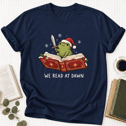 We Read At Dawn Frog Printed Ultra-Soft Cotton T-Shirt | Christmas Reader Gift Navy