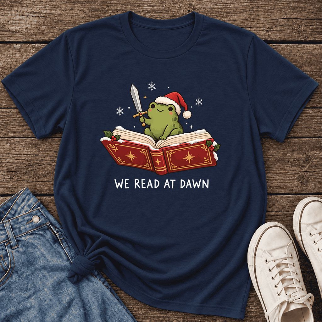 We Read At Dawn Frog Printed Ultra-Soft Cotton T-Shirt | Christmas Reader Gift Navy