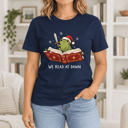 We Read At Dawn Frog Printed Ultra-Soft Cotton T-Shirt | Christmas Reader Gift Navy