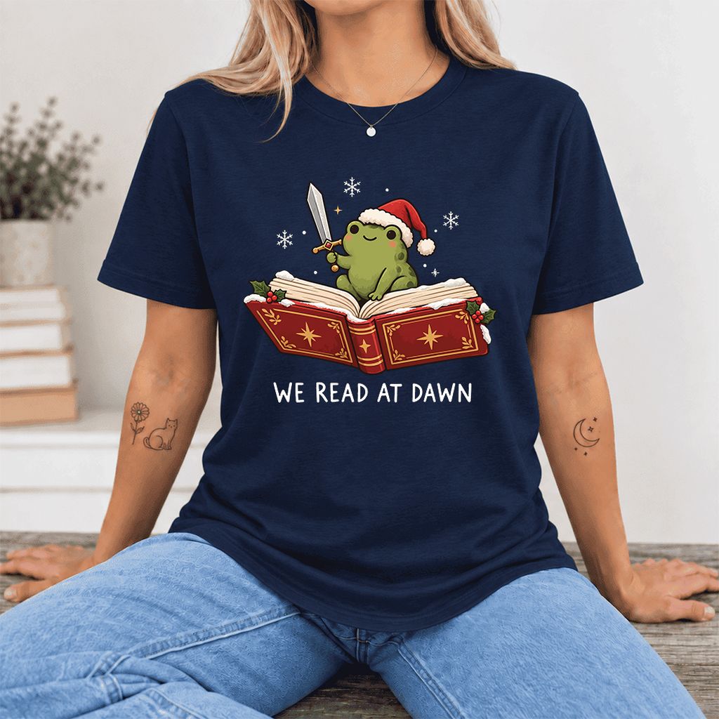 We Read At Dawn Frog Printed Ultra-Soft Cotton T-Shirt | Christmas Reader Gift Navy