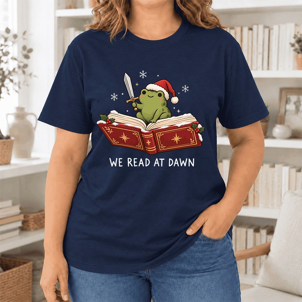 We Read At Dawn Frog Printed Ultra-Soft Cotton T-Shirt | Christmas Reader Gift Navy