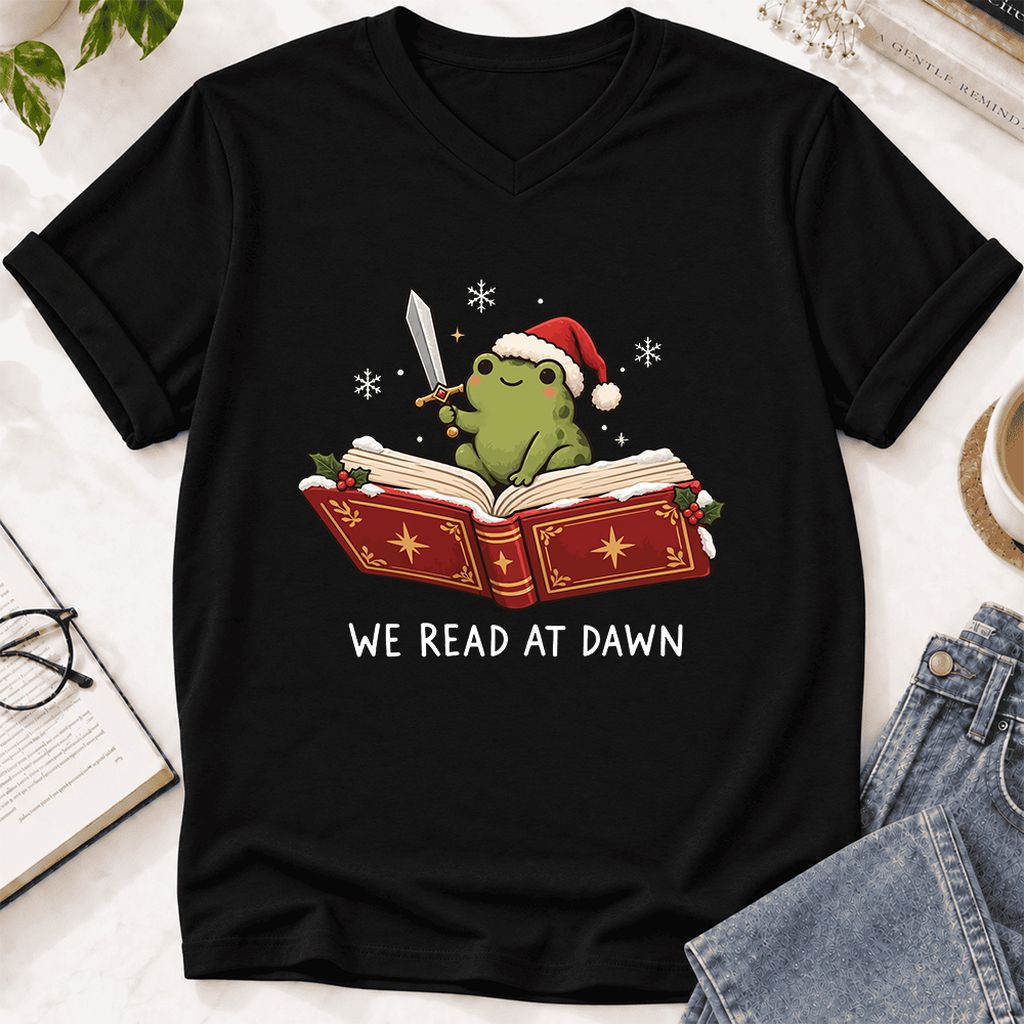 We Read At Dawn Frog Ultra-Soft V-Neck | Christmas Book Lover Gift Black