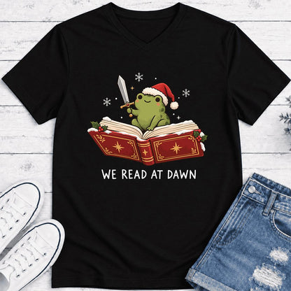 We Read At Dawn Frog Ultra-Soft V-Neck | Christmas Book Lover Gift Black