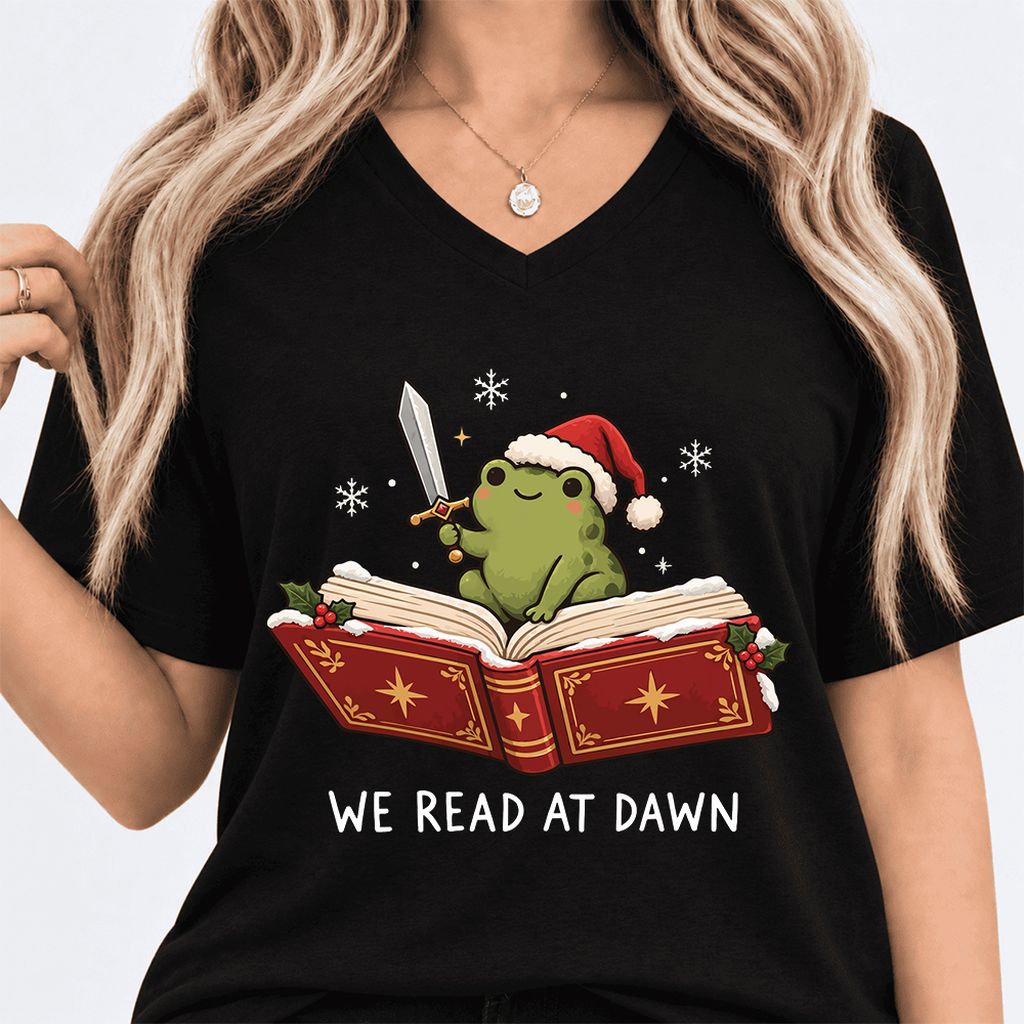 We Read At Dawn Frog Ultra-Soft V-Neck | Christmas Book Lover Gift Black