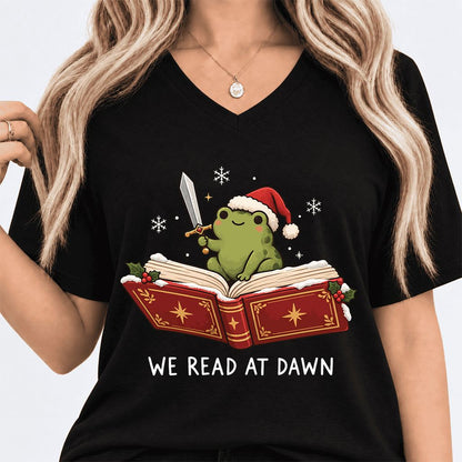 We Read At Dawn Frog Ultra-Soft V-Neck | Christmas Book Lover Gift Black