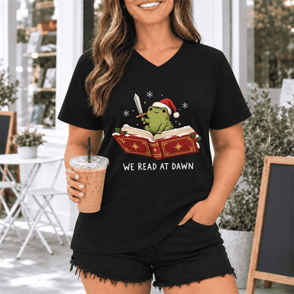 We Read At Dawn Frog Ultra-Soft V-Neck | Christmas Book Lover Gift Black