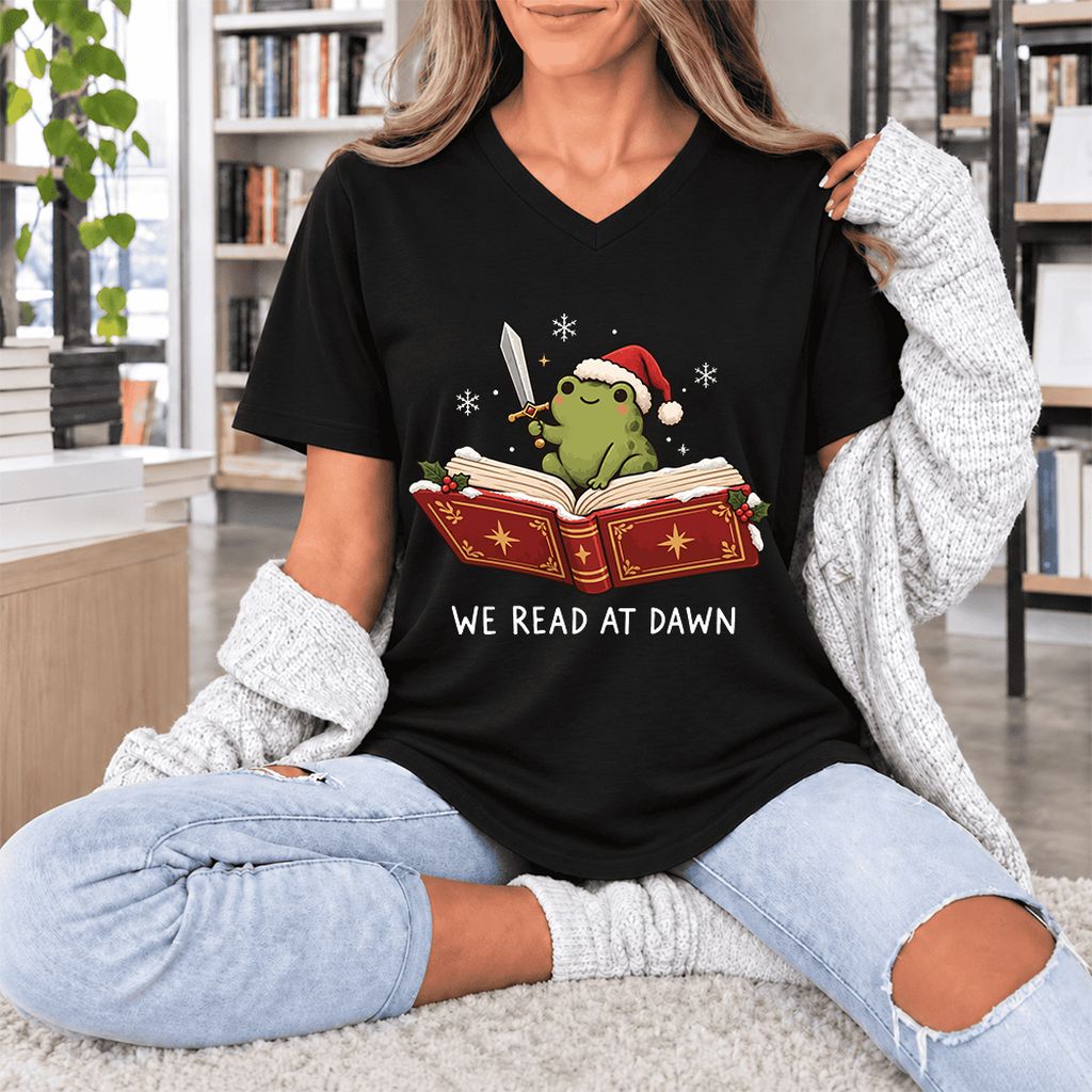 We Read At Dawn Frog Ultra-Soft V-Neck | Christmas Book Lover Gift Black