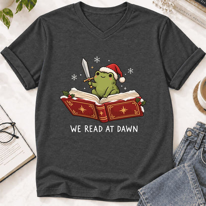 We Read At Dawn Frog Ultra-Soft V-Neck | Christmas Book Lover Gift Dark Grey Heather
