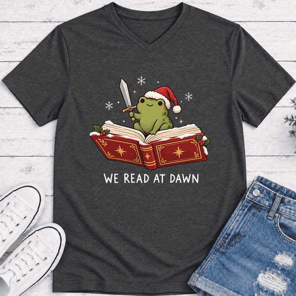 We Read At Dawn Frog Ultra-Soft V-Neck | Christmas Book Lover Gift Dark Grey Heather