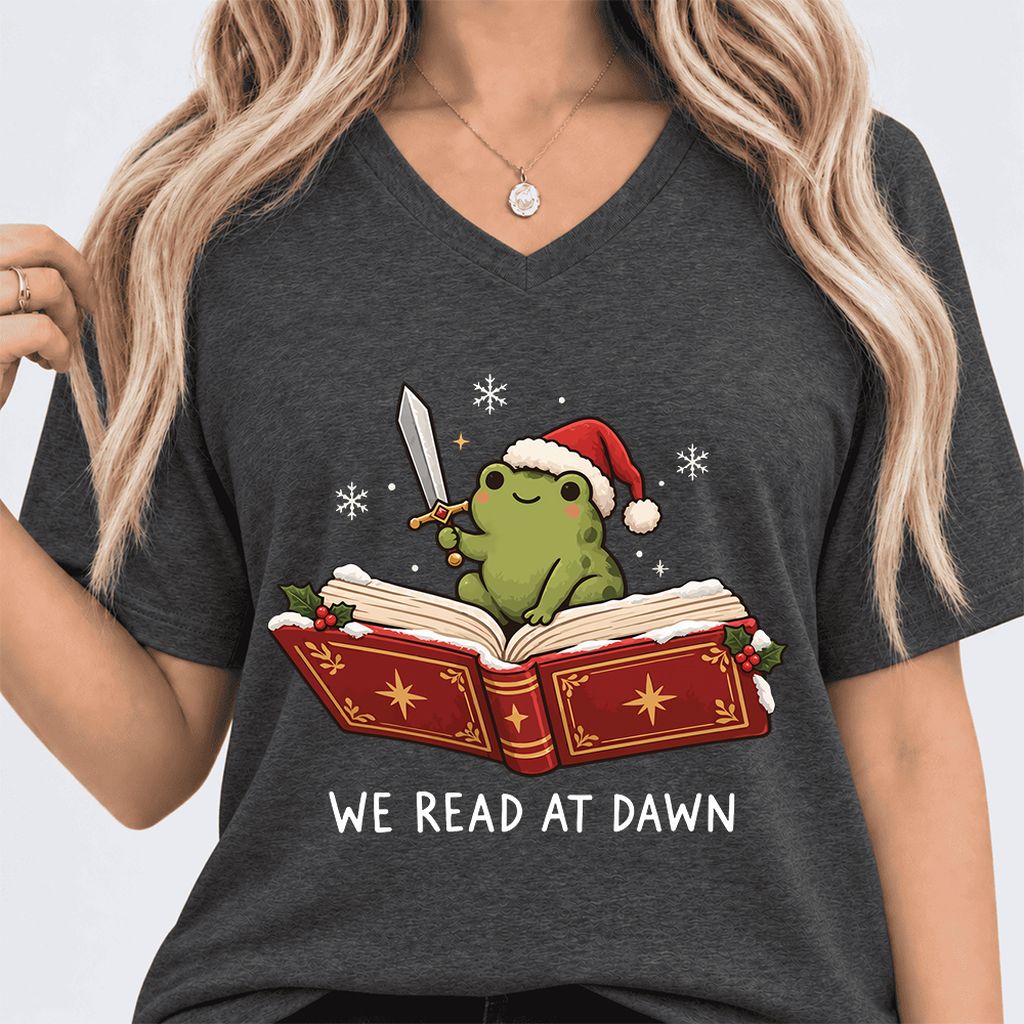 We Read At Dawn Frog Ultra-Soft V-Neck | Christmas Book Lover Gift Dark Grey Heather