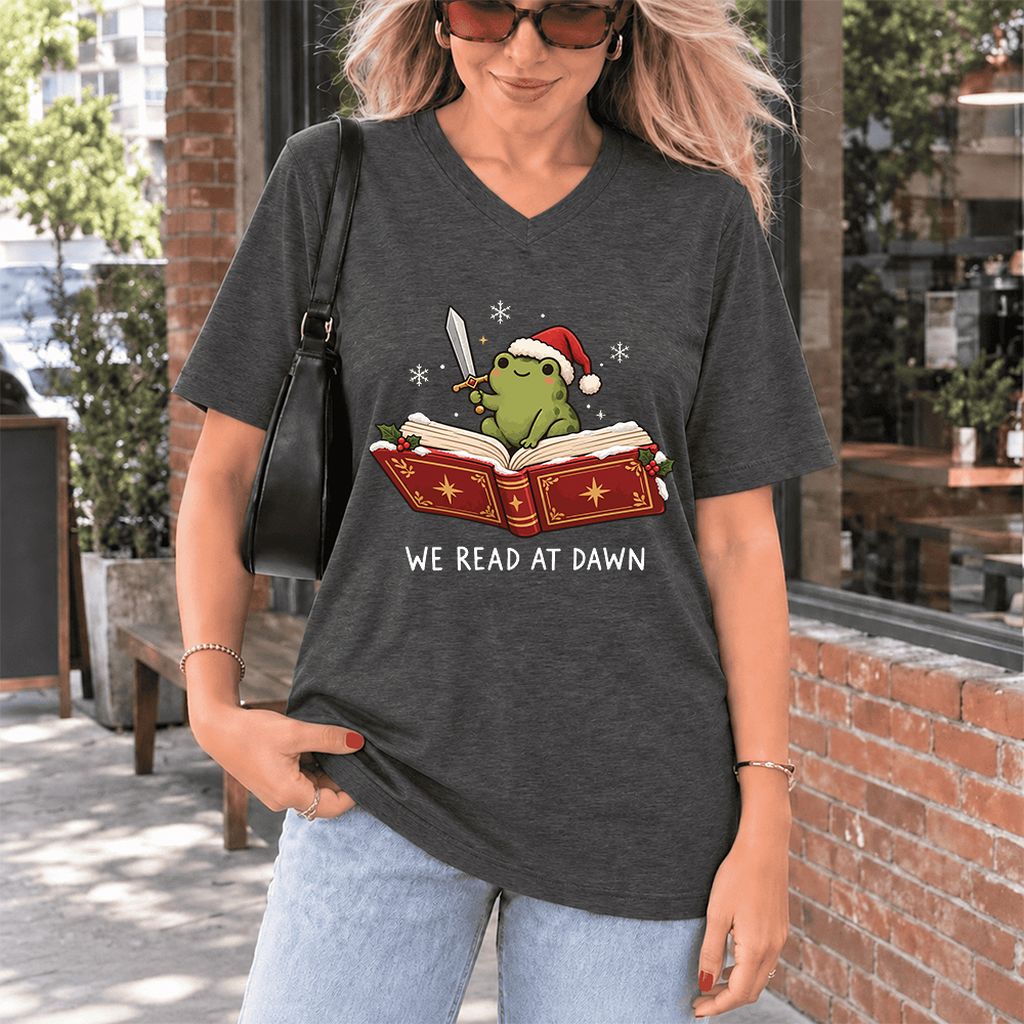 We Read At Dawn Frog Ultra-Soft V-Neck | Christmas Book Lover Gift Dark Grey Heather