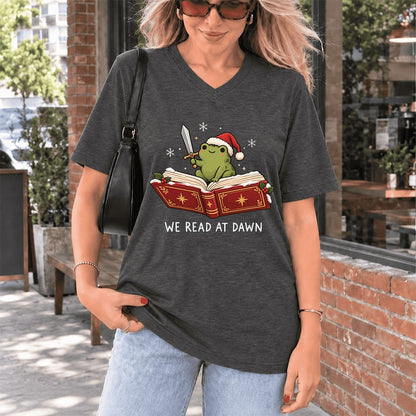 We Read At Dawn Frog Ultra-Soft V-Neck | Christmas Book Lover Gift Dark Grey Heather