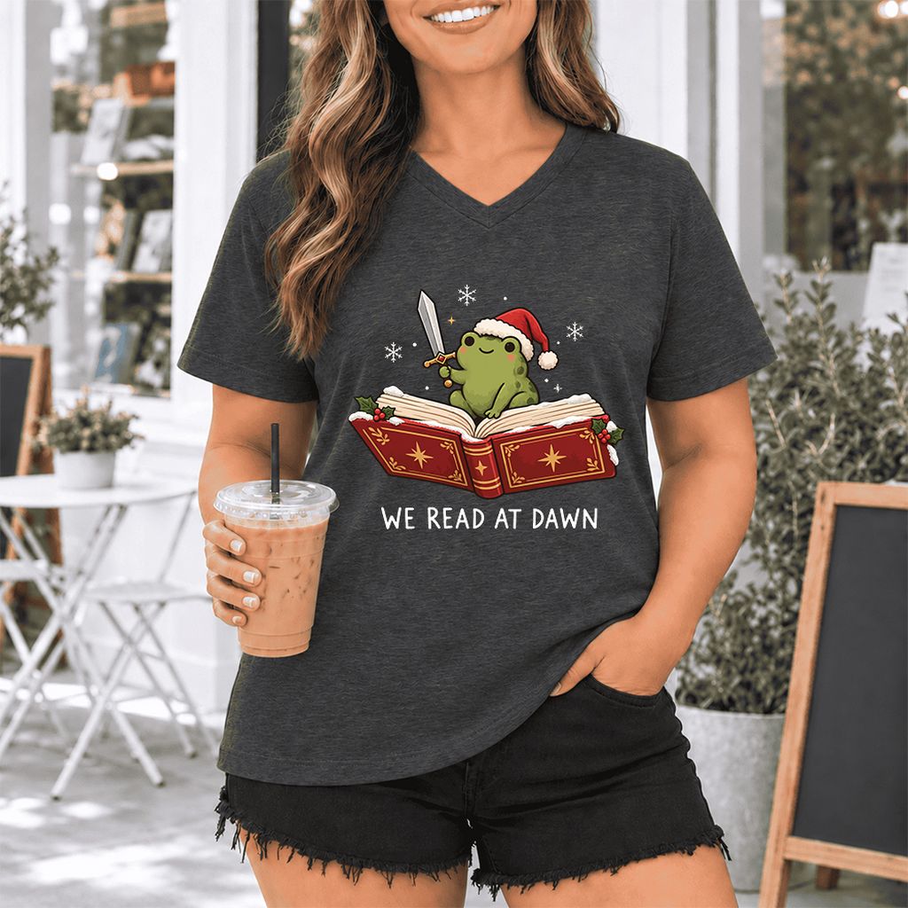 We Read At Dawn Frog Ultra-Soft V-Neck | Christmas Book Lover Gift Dark Grey Heather