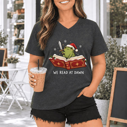 We Read At Dawn Frog Ultra-Soft V-Neck | Christmas Book Lover Gift Dark Grey Heather