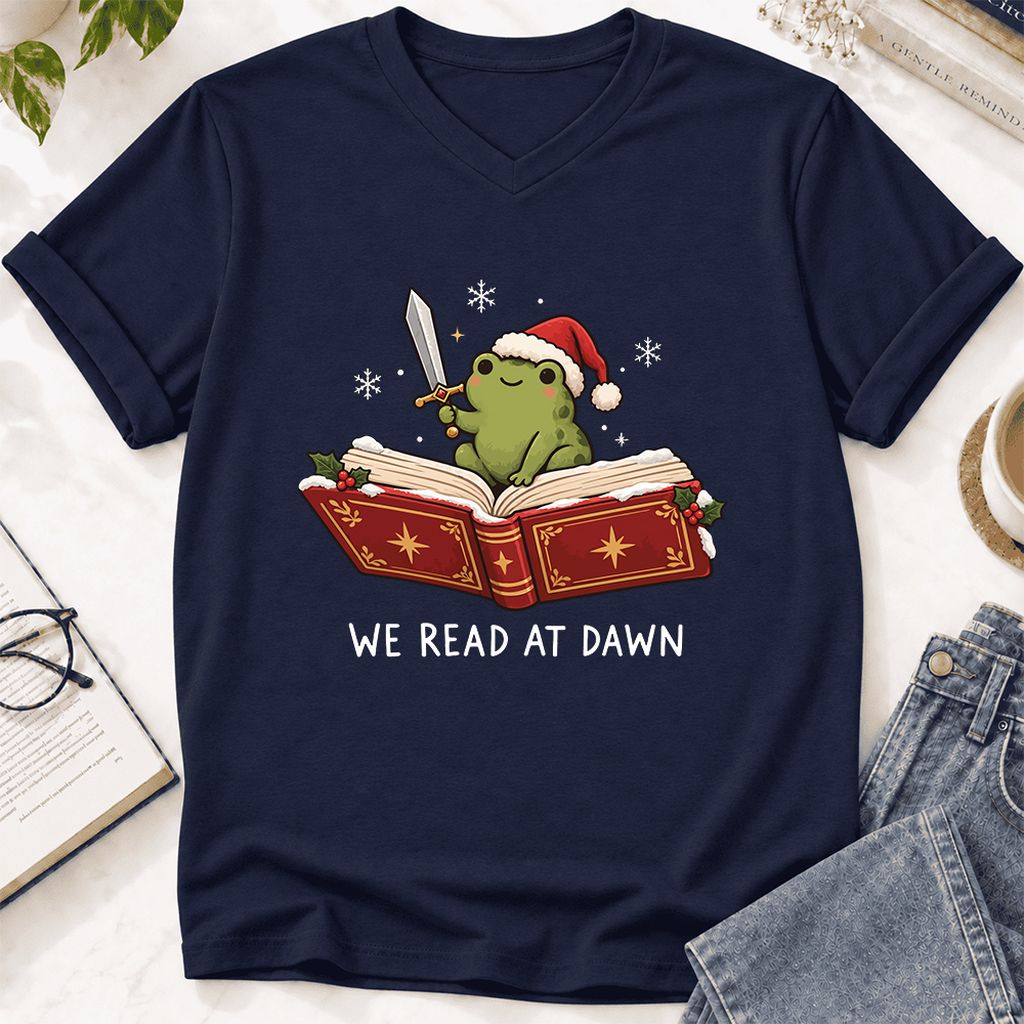 We Read At Dawn Frog Ultra-Soft V-Neck | Christmas Book Lover Gift Navy