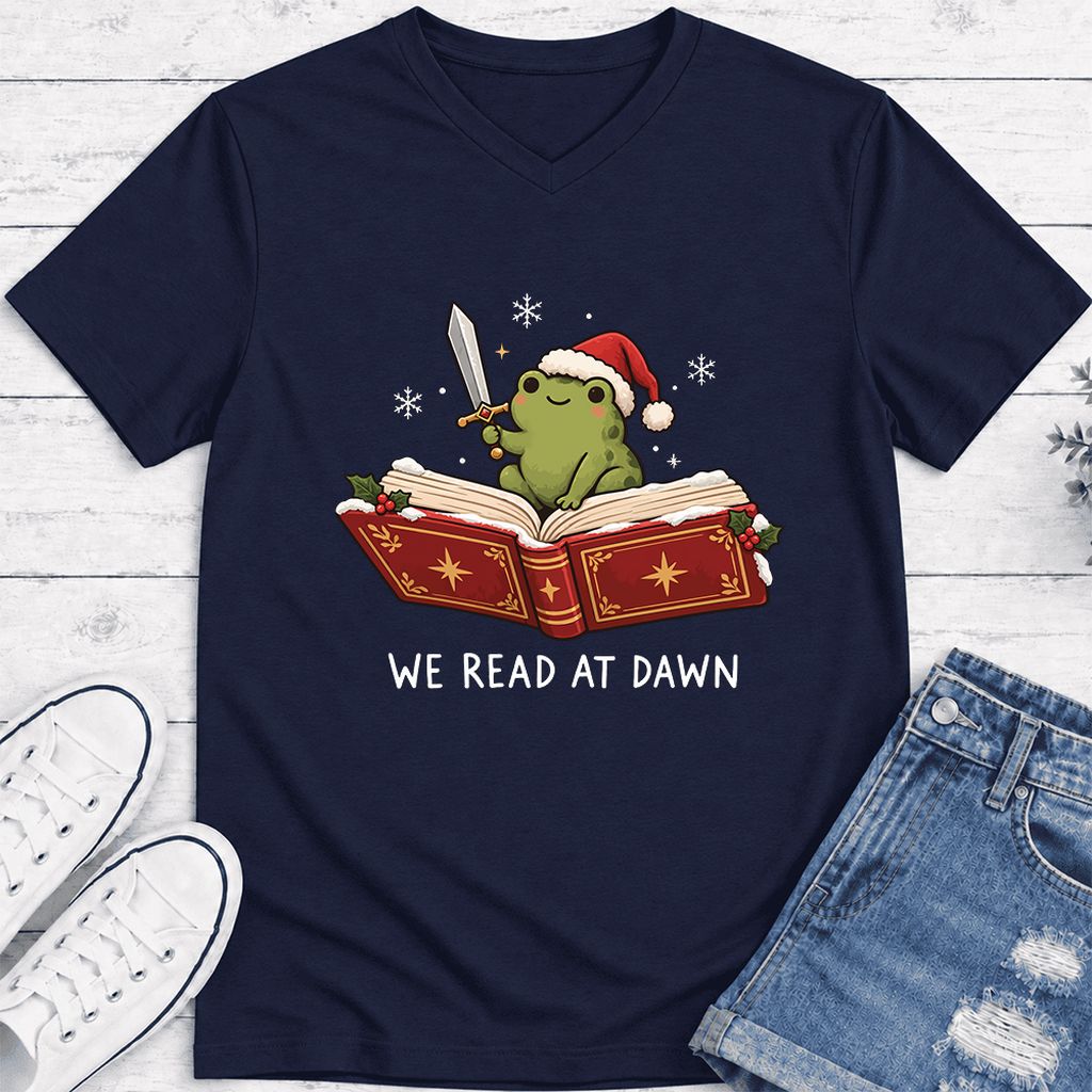 We Read At Dawn Frog Ultra-Soft V-Neck | Christmas Book Lover Gift Navy