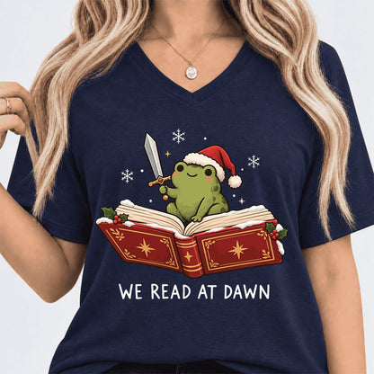 We Read At Dawn Frog Ultra-Soft V-Neck | Christmas Book Lover Gift Navy