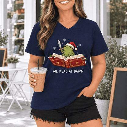 We Read At Dawn Frog Ultra-Soft V-Neck | Christmas Book Lover Gift Navy