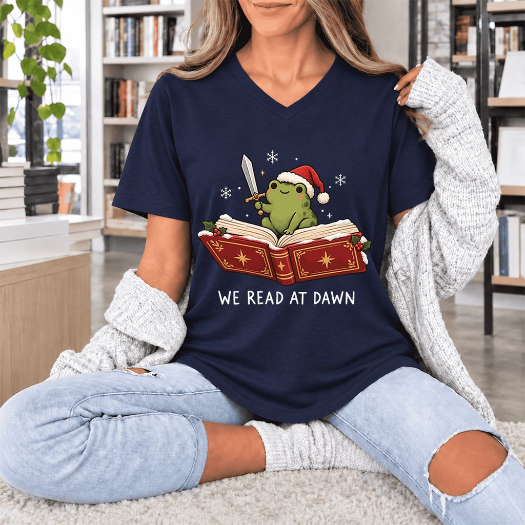 We Read At Dawn Frog Ultra-Soft V-Neck | Christmas Book Lover Gift Navy
