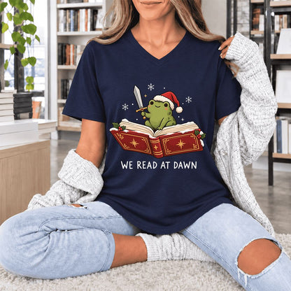 We Read At Dawn Frog Ultra-Soft V-Neck | Christmas Book Lover Gift Navy