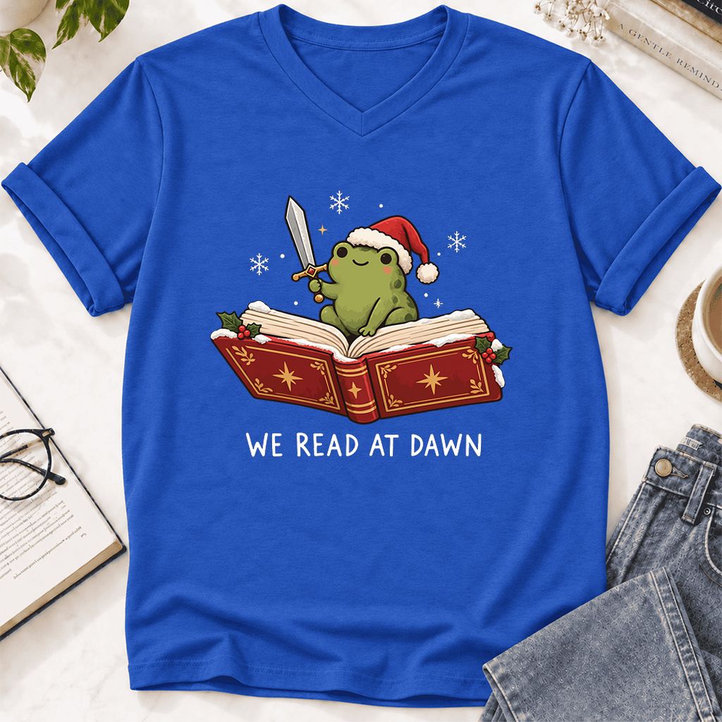 We Read At Dawn Frog Ultra-Soft V-Neck | Christmas Book Lover Gift True Royal