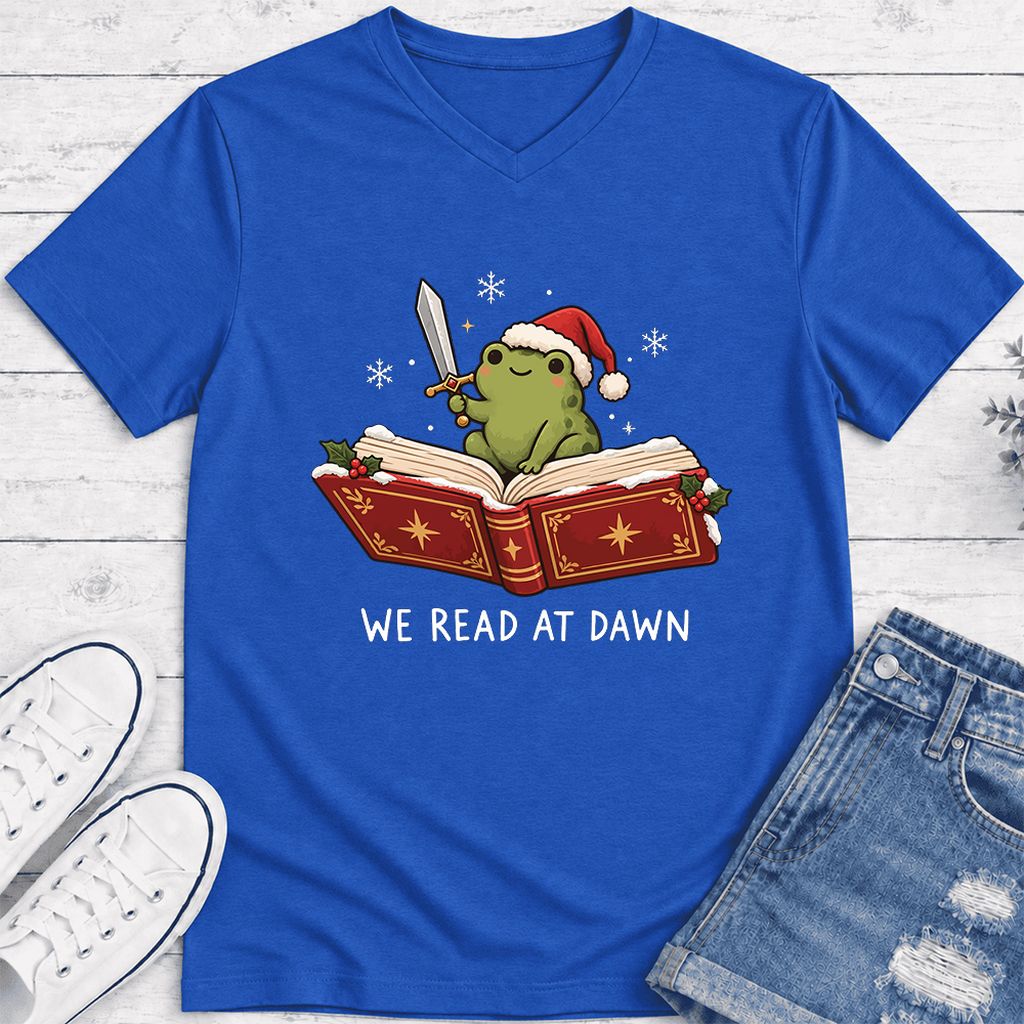 We Read At Dawn Frog Ultra-Soft V-Neck | Christmas Book Lover Gift True Royal