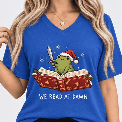 We Read At Dawn Frog Ultra-Soft V-Neck | Christmas Book Lover Gift True Royal