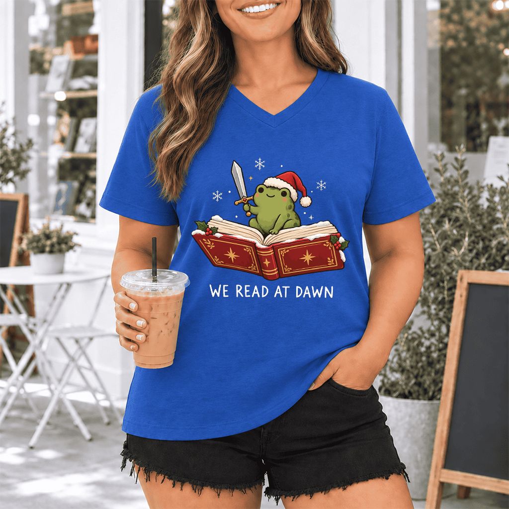We Read At Dawn Frog Ultra-Soft V-Neck | Christmas Book Lover Gift True Royal