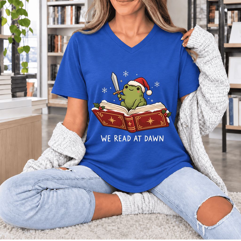 We Read At Dawn Frog Ultra-Soft V-Neck | Christmas Book Lover Gift True Royal