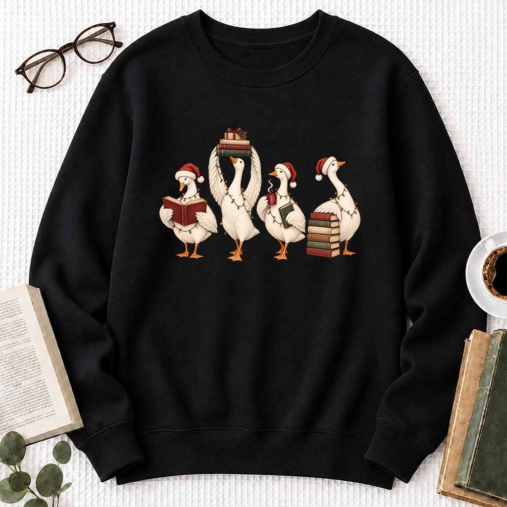 Goose Christmas Reading Printed Sweatshirt | Christmas Reader Gift Black