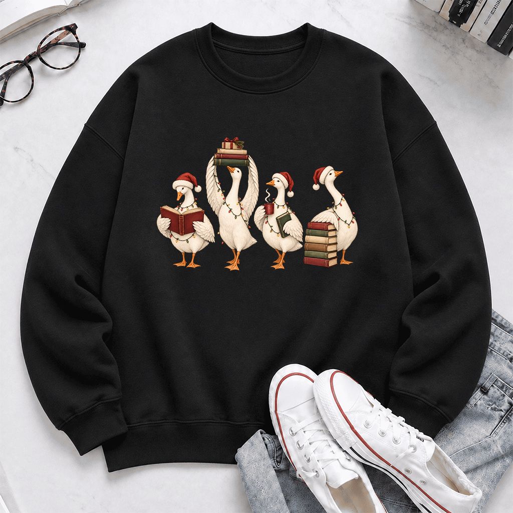 Goose Christmas Reading Printed Sweatshirt | Christmas Reader Gift Black
