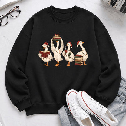 Goose Christmas Reading Printed Sweatshirt | Christmas Reader Gift Black