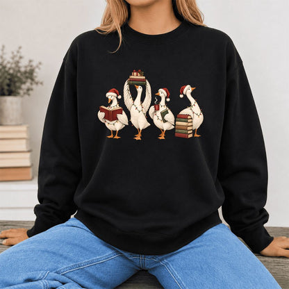 Goose Christmas Reading Printed Sweatshirt | Christmas Reader Gift Black