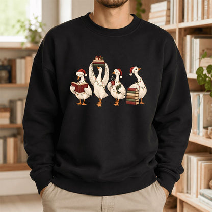 Goose Christmas Reading Printed Sweatshirt | Christmas Reader Gift Black