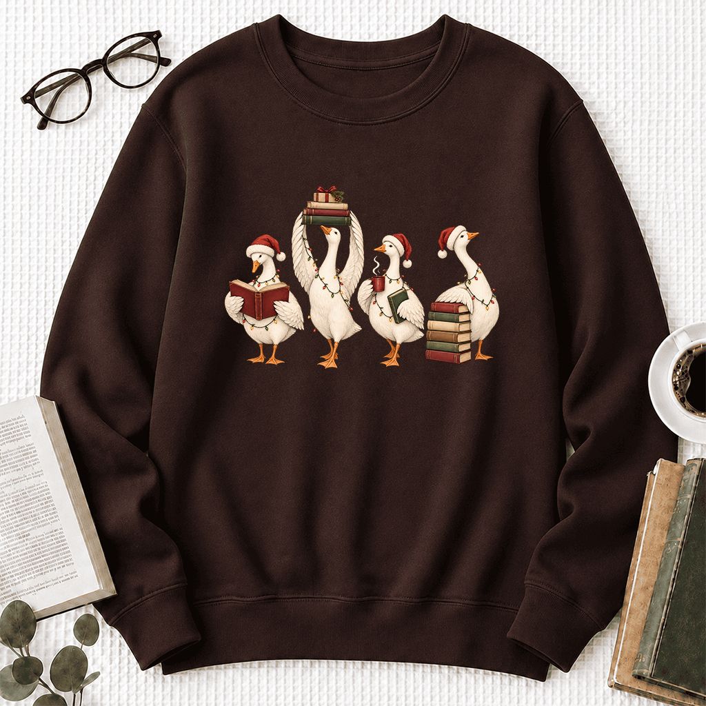 Goose Christmas Reading Printed Sweatshirt | Christmas Reader Gift Dark Chocolate