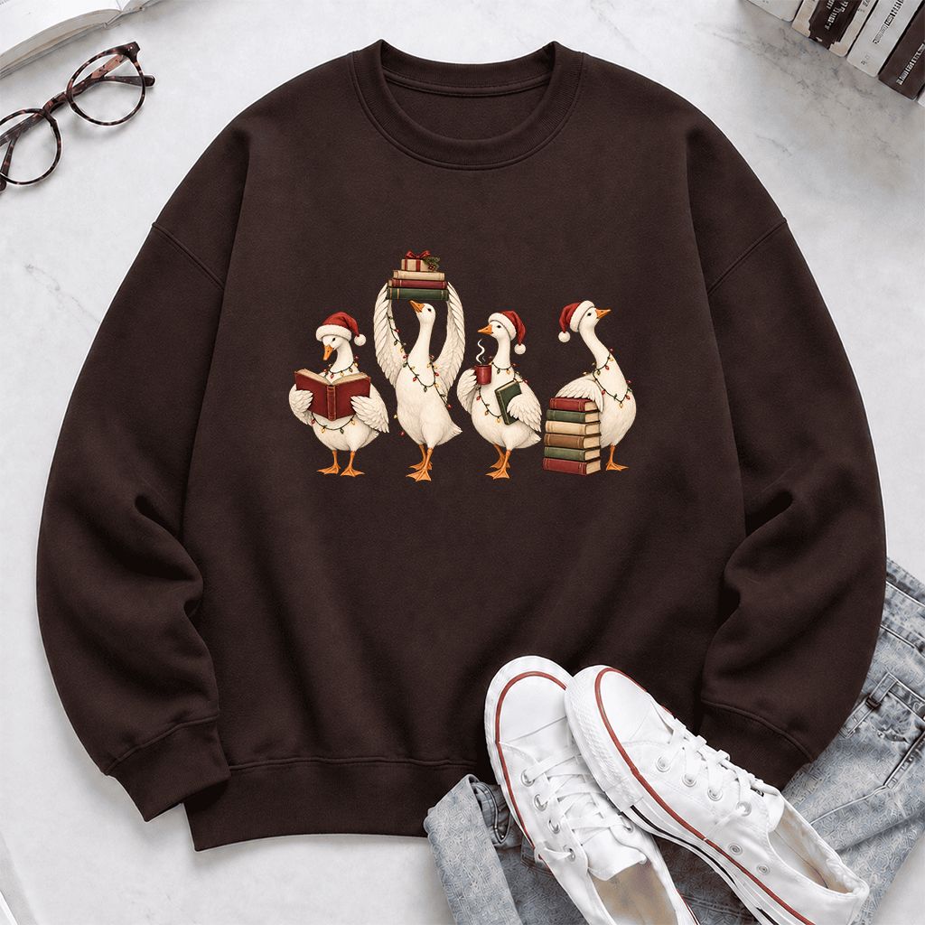 Goose Christmas Reading Printed Sweatshirt | Christmas Reader Gift Dark Chocolate
