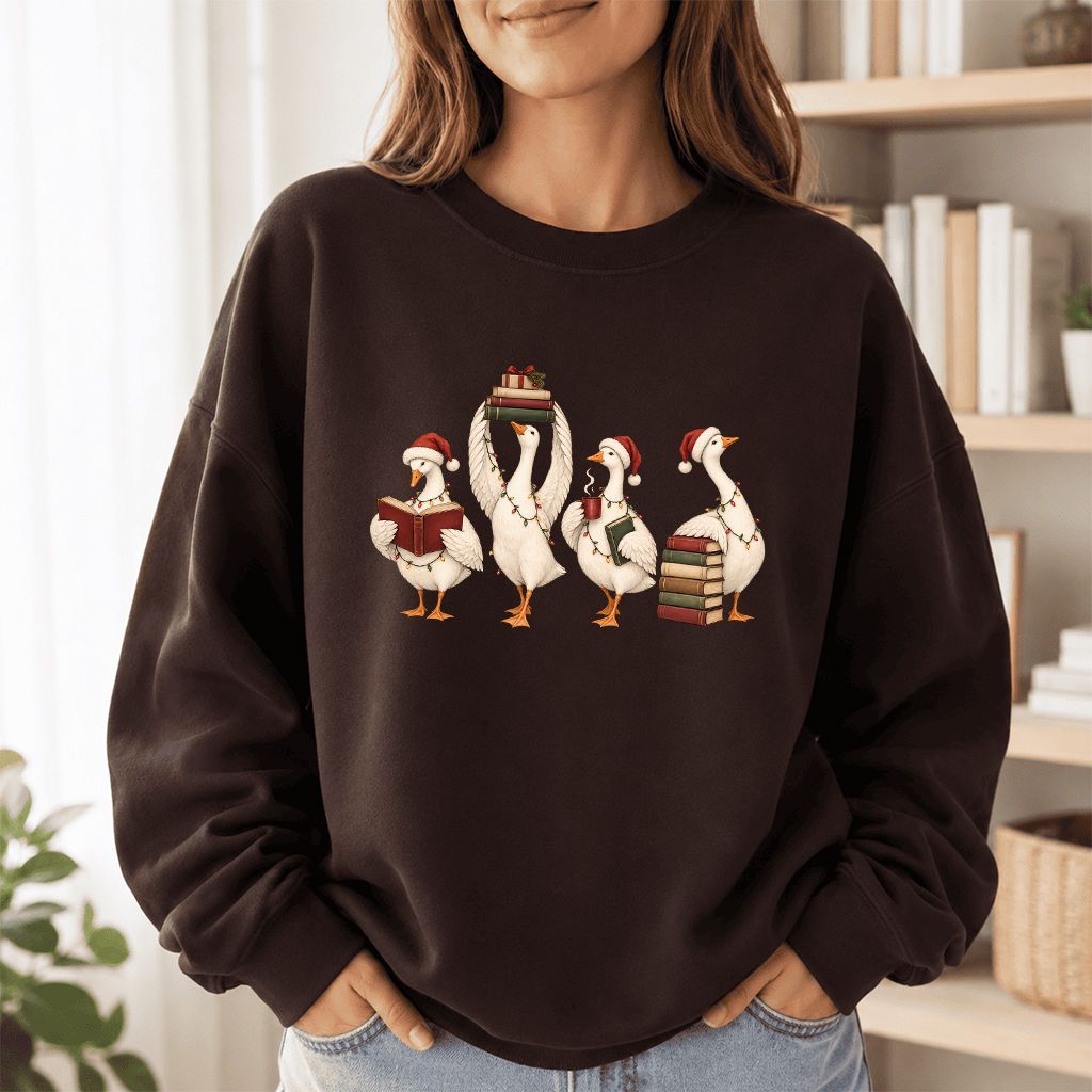Goose Christmas Reading Printed Sweatshirt | Christmas Reader Gift Dark Chocolate