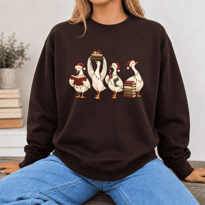 Goose Christmas Reading Printed Sweatshirt | Christmas Reader Gift Dark Chocolate