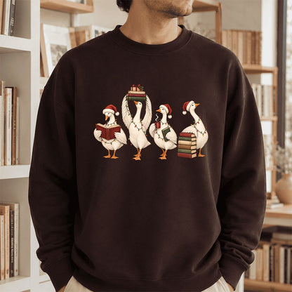 Goose Christmas Reading Printed Sweatshirt | Christmas Reader Gift Dark Chocolate