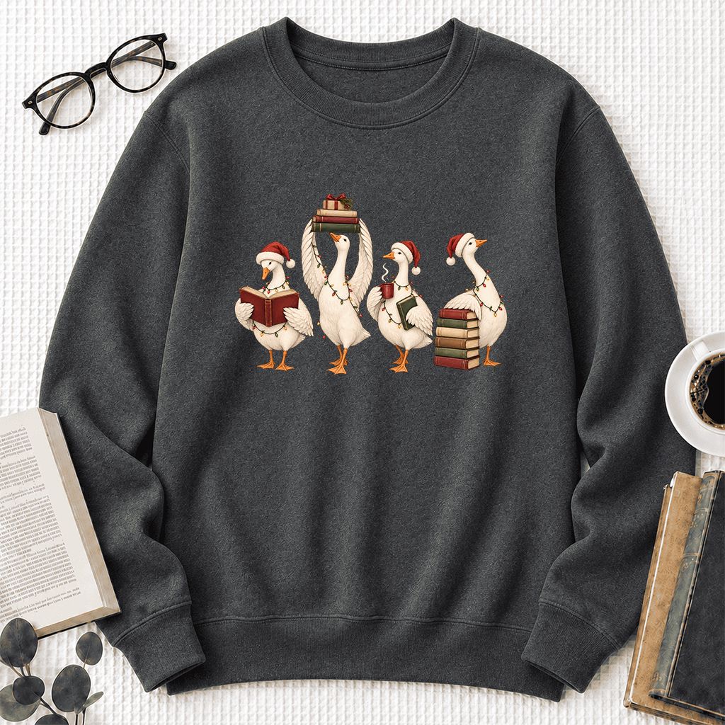 Goose Christmas Reading Printed Sweatshirt | Christmas Reader Gift Dark Heather