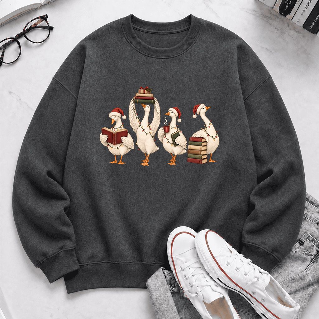 Goose Christmas Reading Printed Sweatshirt | Christmas Reader Gift Dark Heather