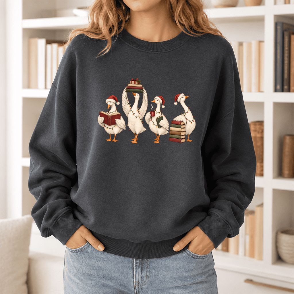 Goose Christmas Reading Printed Sweatshirt | Christmas Reader Gift Dark Heather