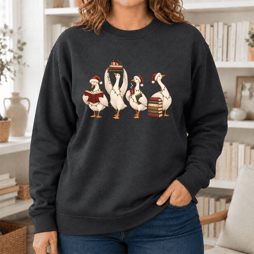 Goose Christmas Reading Printed Sweatshirt | Christmas Reader Gift Dark Heather