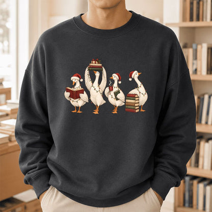 Goose Christmas Reading Printed Sweatshirt | Christmas Reader Gift Dark Heather