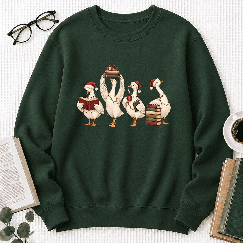 Goose Christmas Reading Printed Sweatshirt | Christmas Reader Gift Forest Green