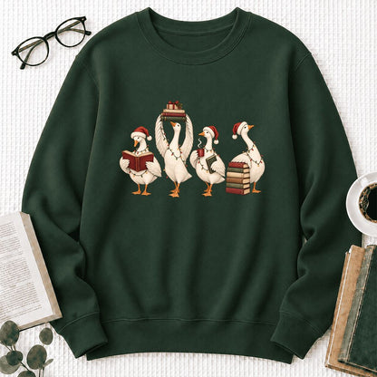 Goose Christmas Reading Printed Sweatshirt | Christmas Reader Gift Forest Green