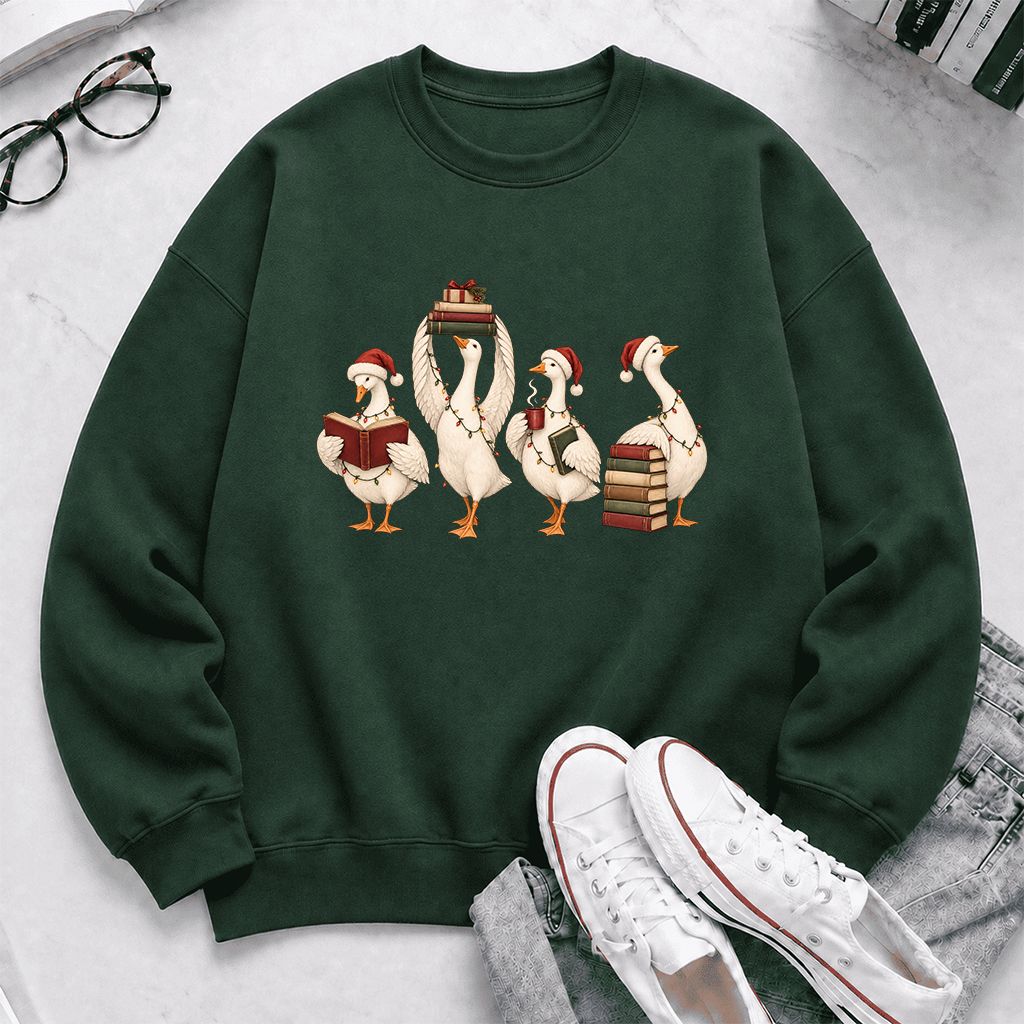 Goose Christmas Reading Printed Sweatshirt | Christmas Reader Gift Forest Green