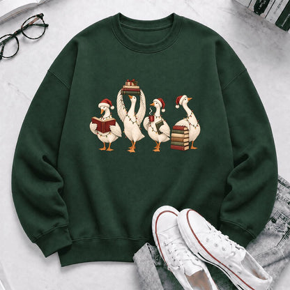 Goose Christmas Reading Printed Sweatshirt | Christmas Reader Gift Forest Green