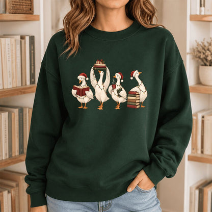 Goose Christmas Reading Printed Sweatshirt | Christmas Reader Gift Forest Green